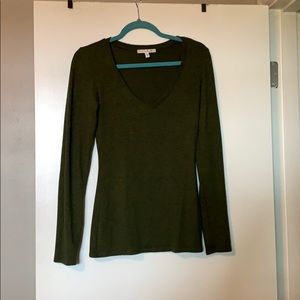Forest green V-neck sweater.